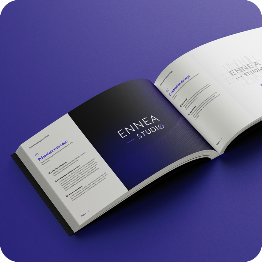 Charte graphique complète d'Ennea Studio avec ses couleurs et typographies.